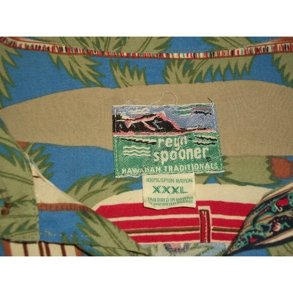 Reyn Spooner Mens Green Hawaiian Shirt Palms Surfboards Blue Size XL - Picture 7 of 7